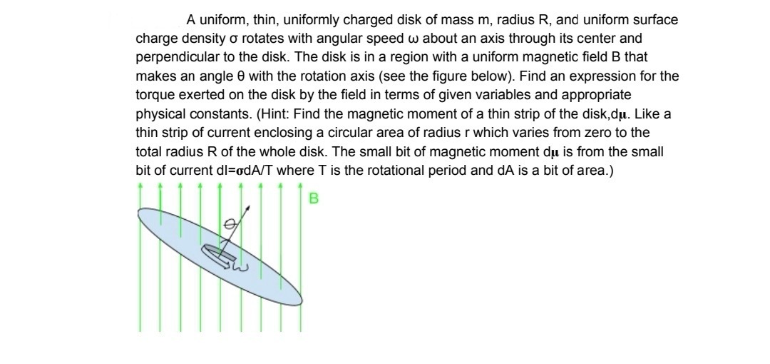 Solved A uniform, thin, uniformly charged disk of mass m, | Chegg.com
