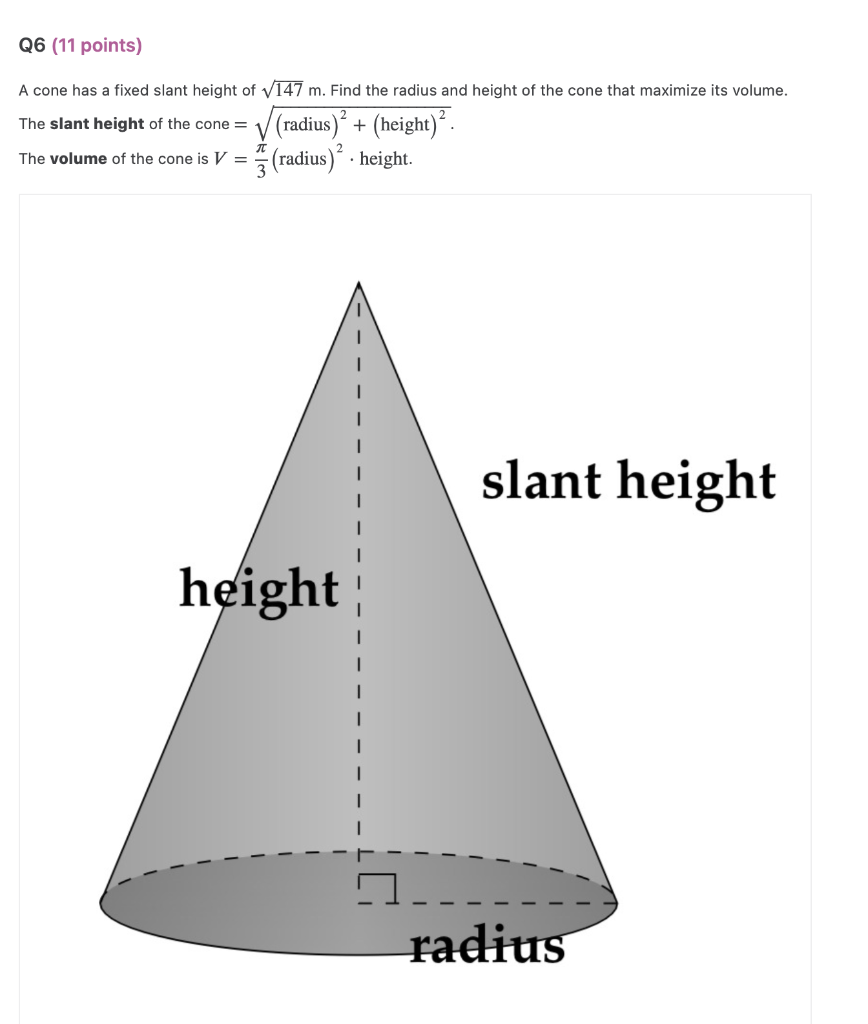 A cone has a fixed slant height of 147 m. Find the