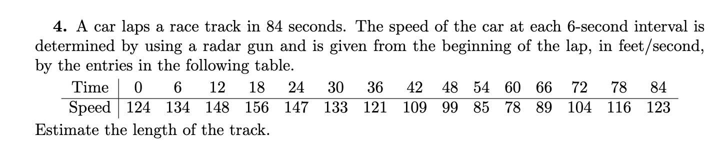 Solved 4. A car laps a race track in 84 seconds. The speed | Chegg.com