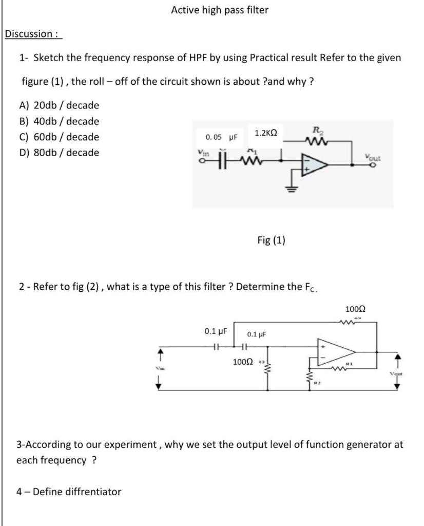 Solved Active high pass filter Discussion : 1- Sketch the | Chegg.com
