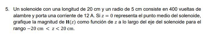 5. Un solenoide con una longitud de \( 20 \mathrm{~cm} \) y un radio de \( 5 \mathrm{~cm} \) consiste en 400 vueltas de alamb