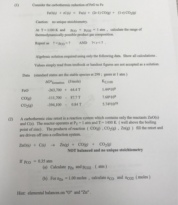 Solved Consider the carbothermic reduction of FeO to Fe | Chegg.com