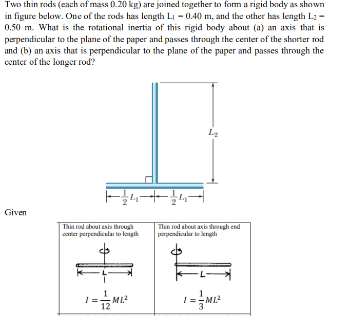 Solved Two thin rods (each of mass 0.20 kg) are joined