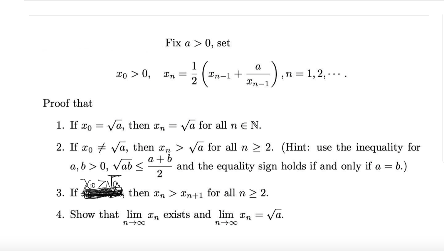 Solved Fix A 0 Set X0 0 Xn 21 Xn−1 Xn−1a N 1 2 ⋯ Proof