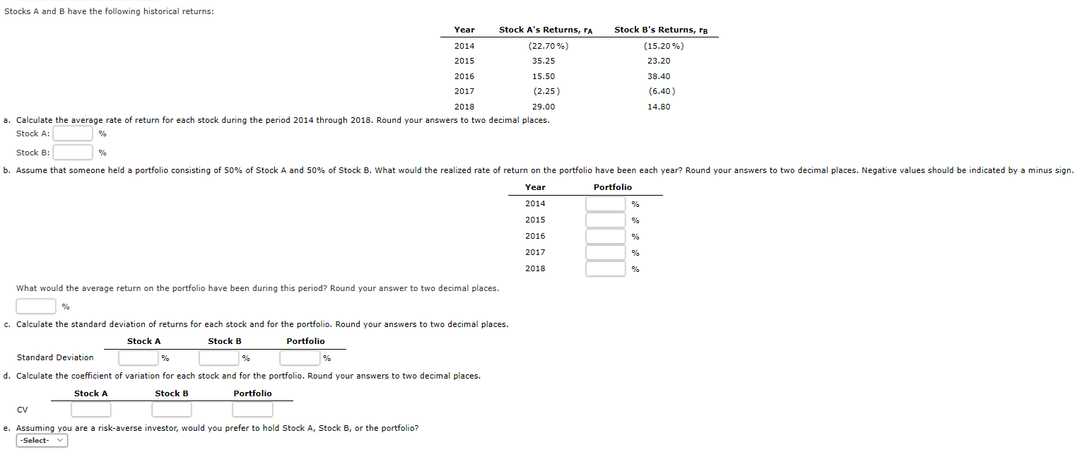 Solved Stocks A And B Have The Following Historical Returns: | Chegg.com