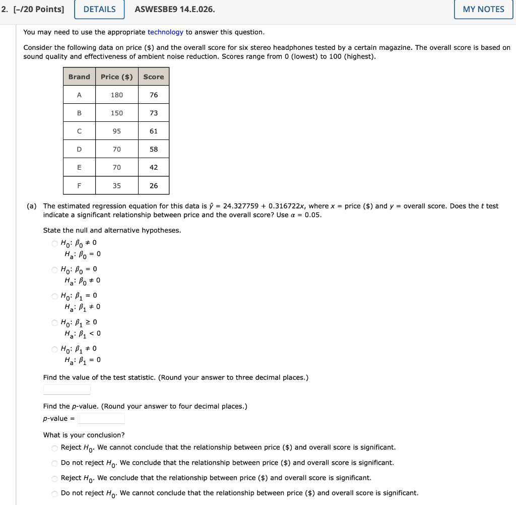 Solved 2. [-/20 Points] DETAILS ASWESBE9 14.E.026. MY NOTES | Chegg.com