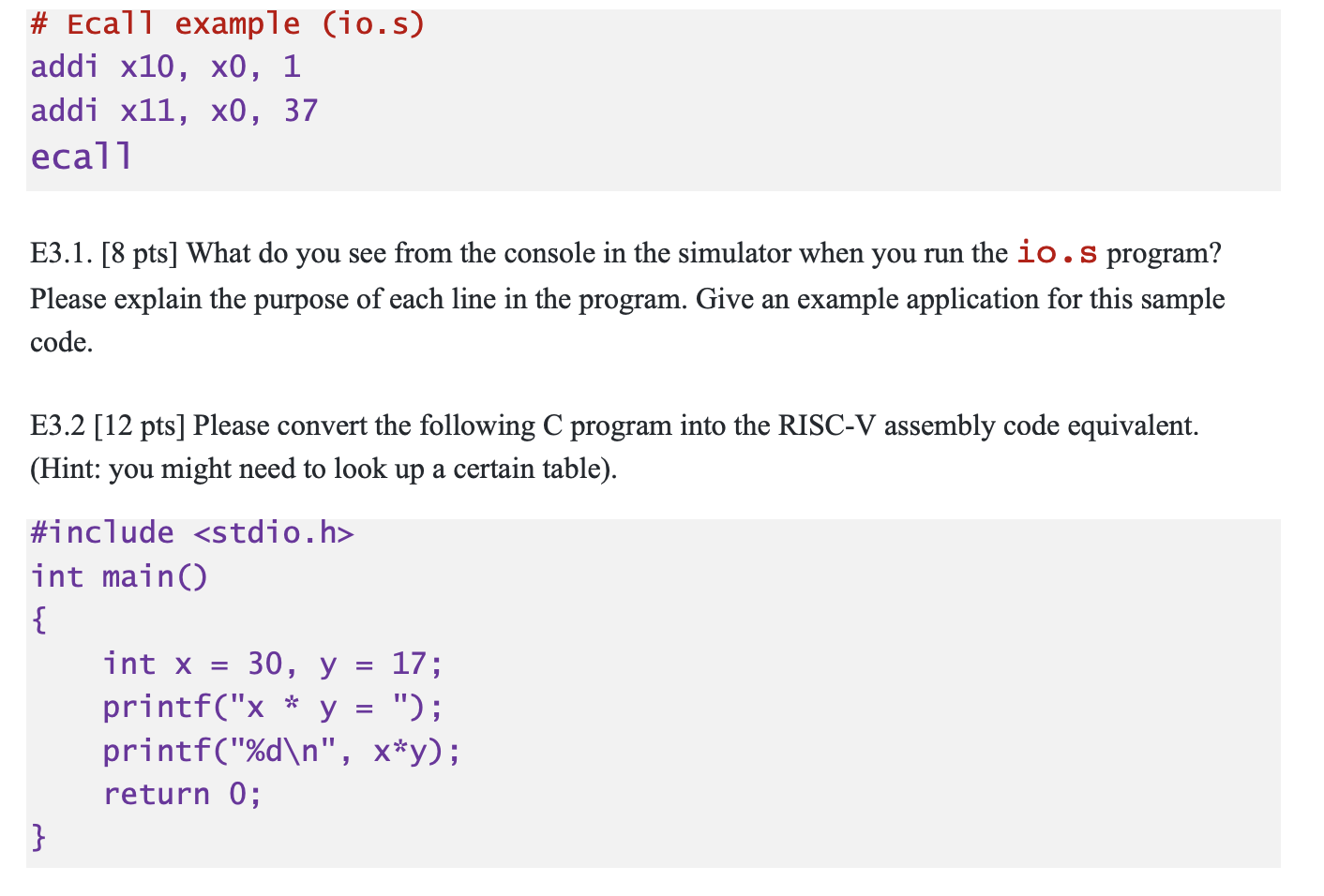 Solved # Ecall example (io.s) addi x10, x0, 1 addi x11, x0, | Chegg.com