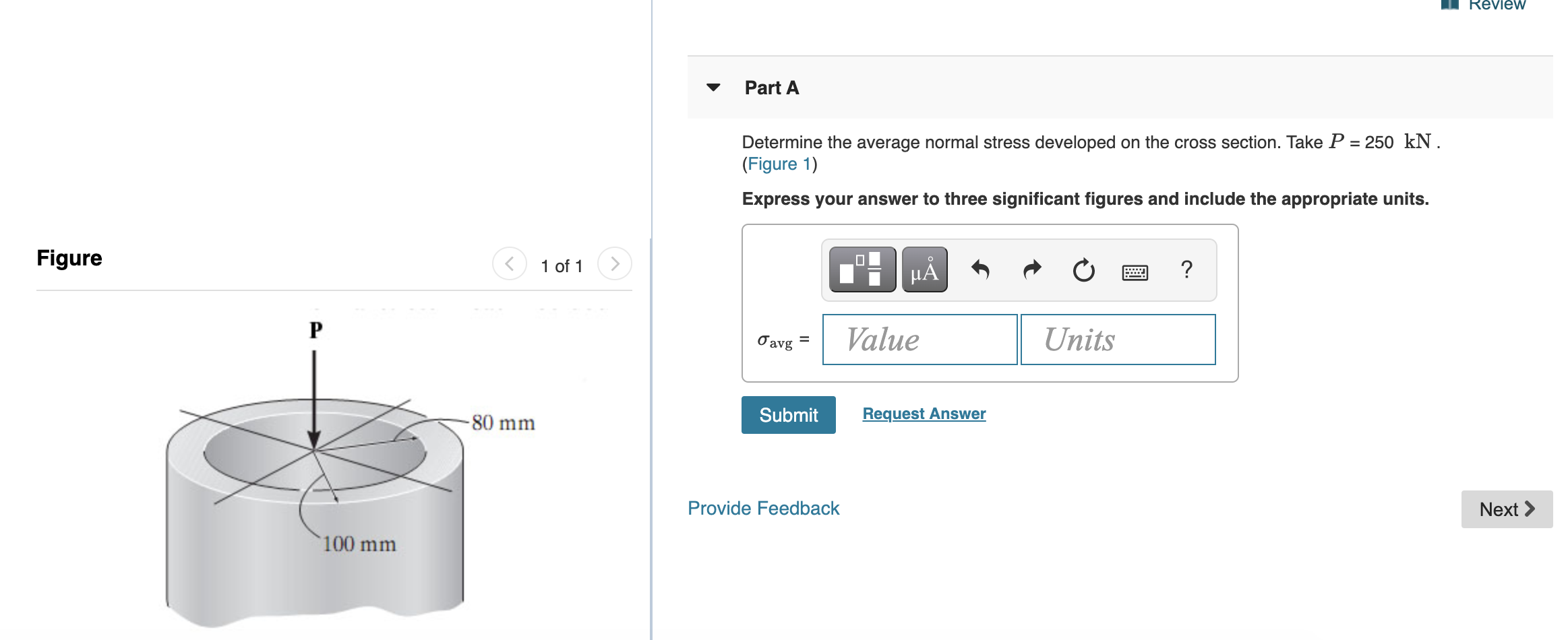 Solved Review Part A Determine the average normal stress | Chegg.com