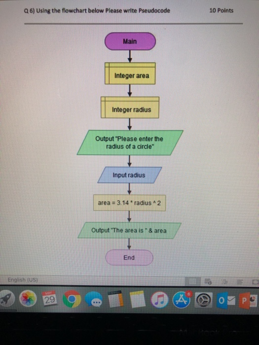 Q 6) Using the flowchart below Please write Pseudocode
10 Points
Engish (US)