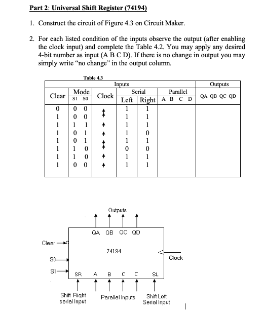 Solved Part 2: Universal Shift Register (74194) 1. Construct | Chegg.com