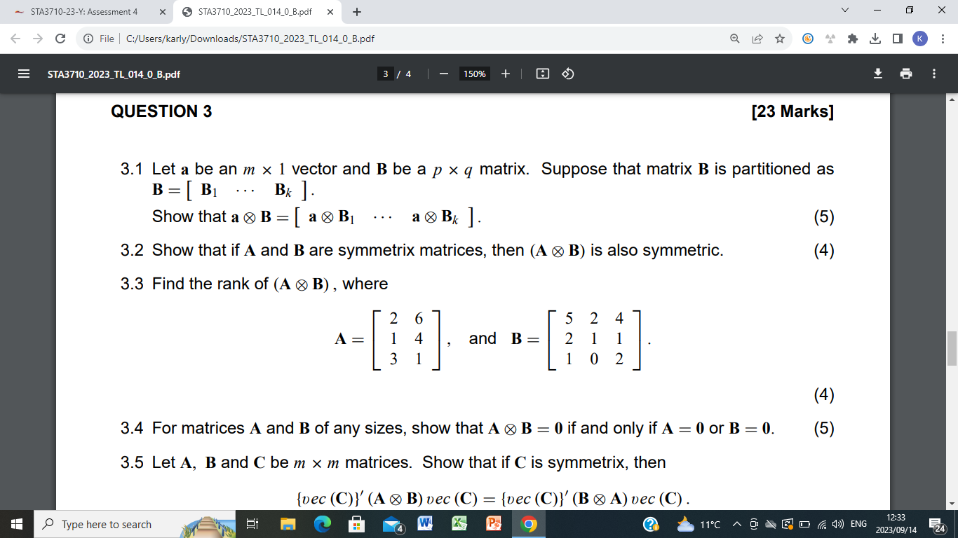 Solved 3.1 Let A Be An M×1 Vector And B Be A P×q Matrix. | Chegg.com