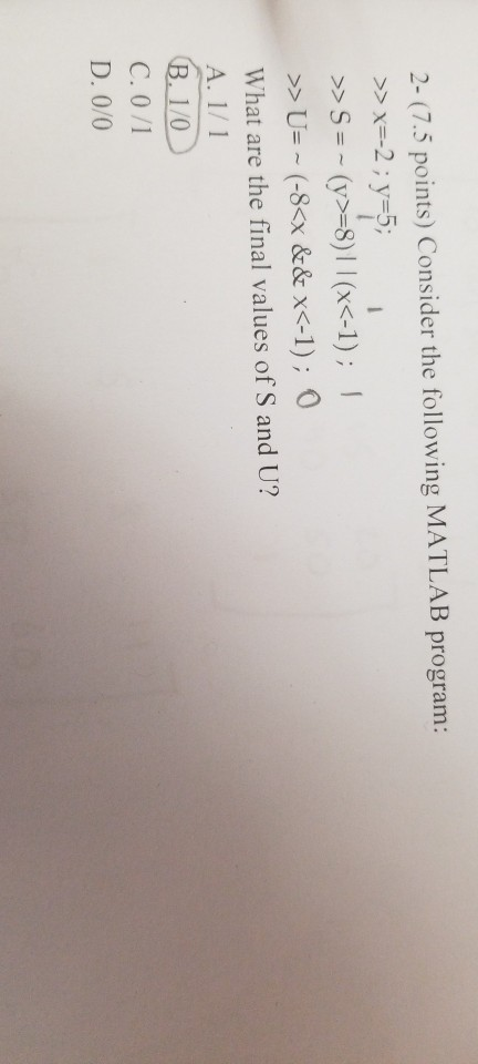 Solved 2- (7.5 points) Consider the following MATLAB | Chegg.com