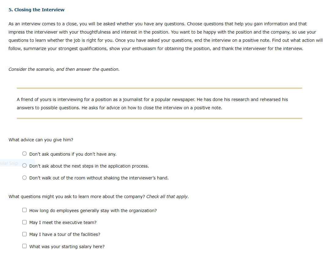Solved 5. Closing the Interview As an interview comes to a Chegg