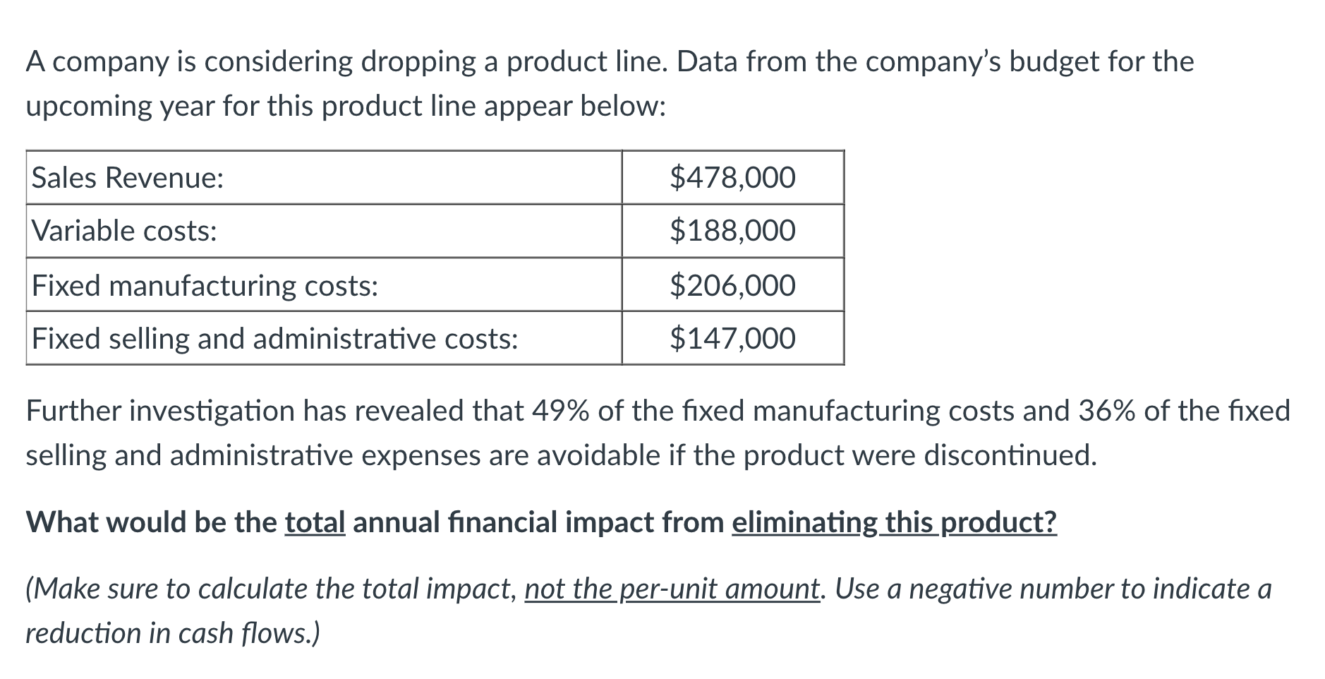 Solved A company is considering dropping a product line. | Chegg.com