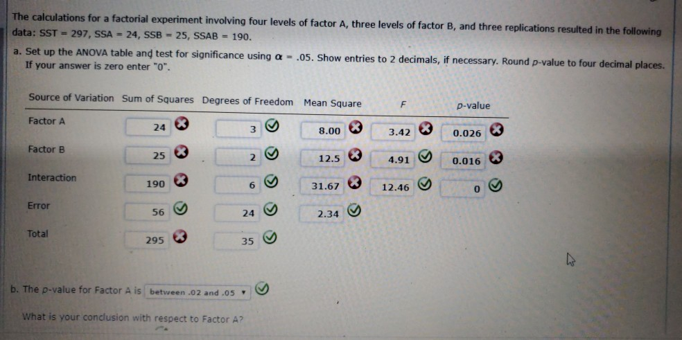 Solved The Calculations For A Factorial Experiment Involving | Chegg.com