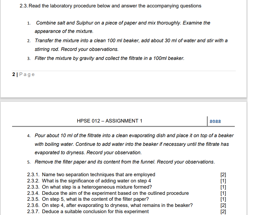 Solved 2.3. Read the laboratory procedure below and answer | Chegg.com