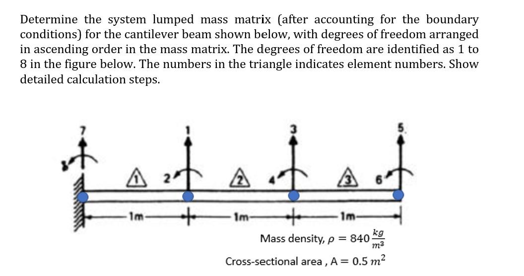 Determine the system lumped mass matrix (after accounting for the boundary conditions) for the cantilever beam shown below, w