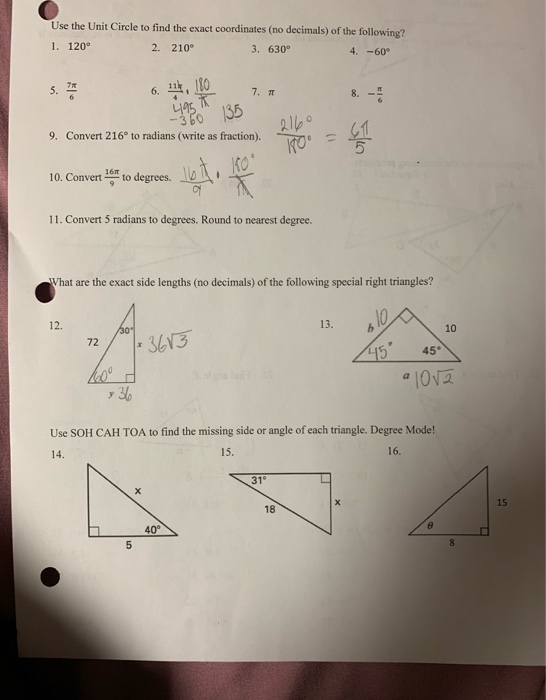 Solved Use the Unit Circle to find the exact coordinates (no | Chegg.com