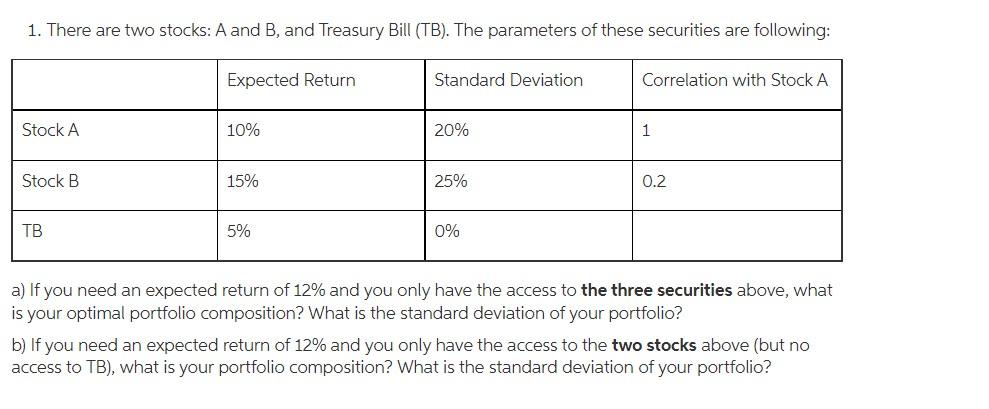 Solved 1. There Are Two Stocks: A And B, And Treasury Bill | Chegg.com