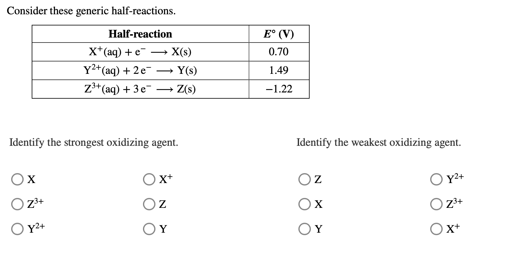 Solved Consider These Generic Half Reactions Half Reaction Chegg Com