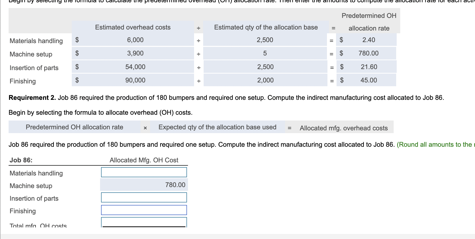 Requirement 2. Job 86 required the production of 180 bumpers and required one setup. Compute the indirect manufacturing cost 