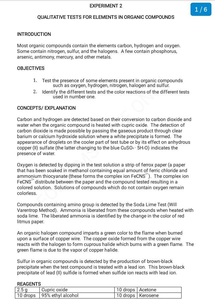 Solved EXPERIMENT 2 1/6 QUALITATIVE TESTS FOR ELEMENTS IN | Chegg.com