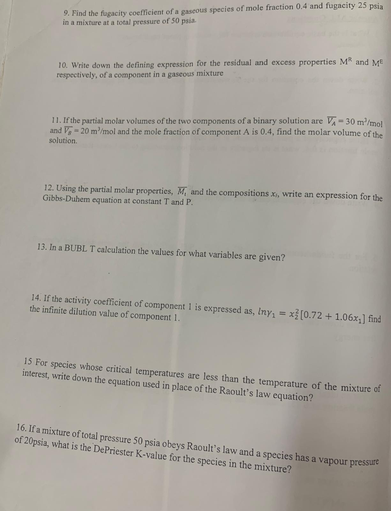 Solved 9. Find the fugacity coefficient of a gaseous species | Chegg.com