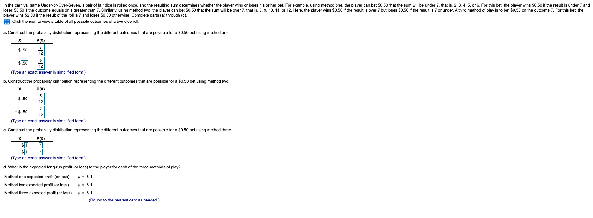 Solved In the carnival game Under-or-Over-Seven, a pair of | Chegg.com