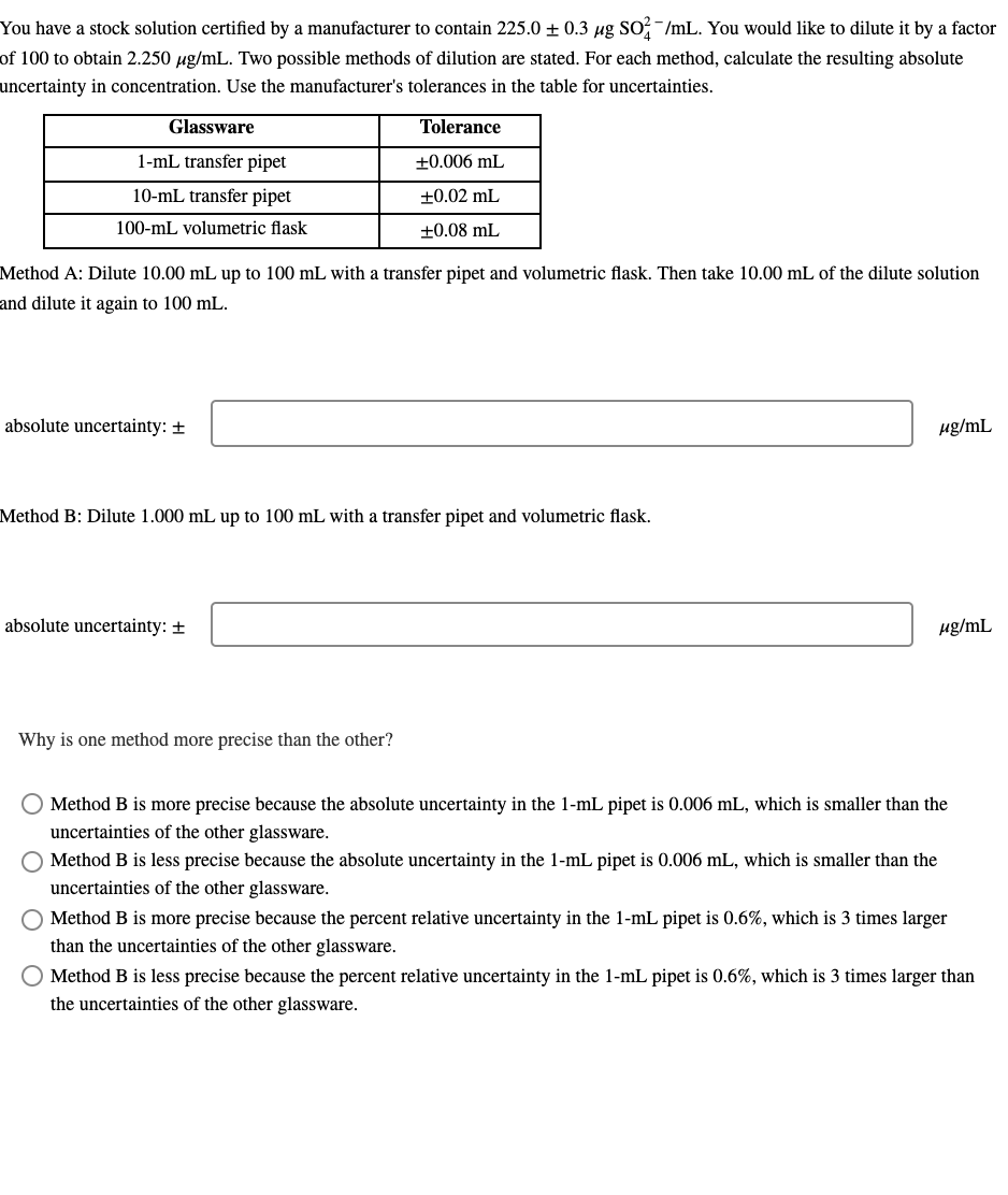 Solved The tolerance of a Class A 10 mL transfer pipet is
