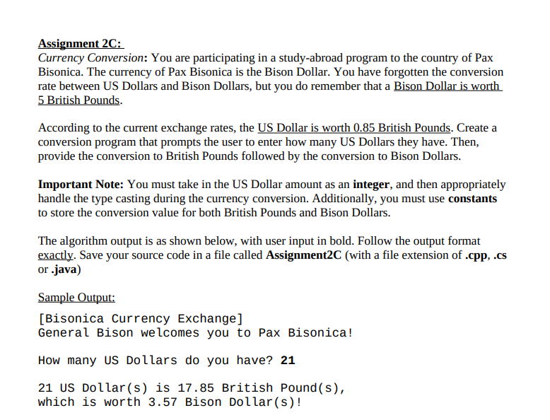 Solved Java please Assignment 2C: Currency Conversion: You | Chegg.com