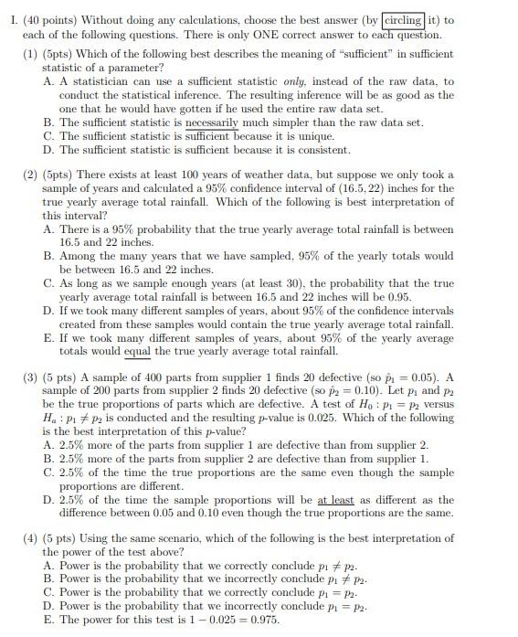 Solved I. (40 points) Without doing any calculations, choose | Chegg.com