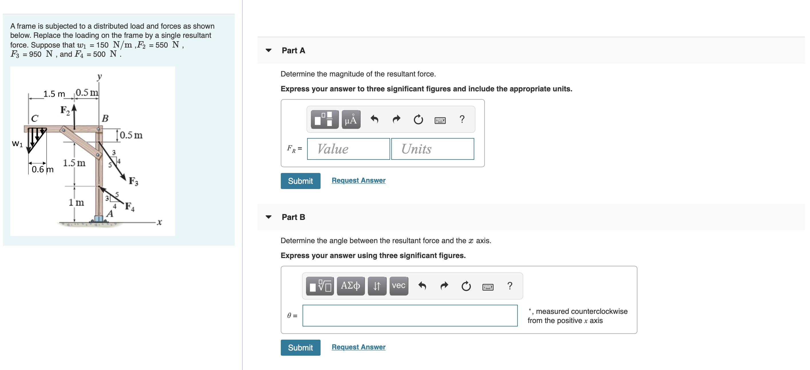 Solved A frame is subjected to a distributed load and forces | Chegg.com
