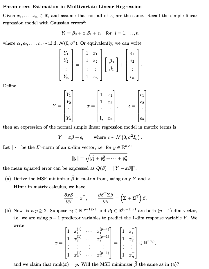 Parameters Estimation In Multivariate Linear Regre Chegg Com