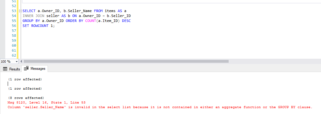 Solved 52 53 54 55 SELECT a. Owner_ID, b.Seller_Name FROM | Chegg.com