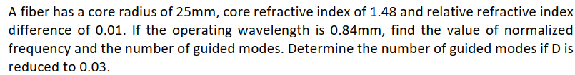 Solved A fiber has a core radius of 25mm, core refractive | Chegg.com