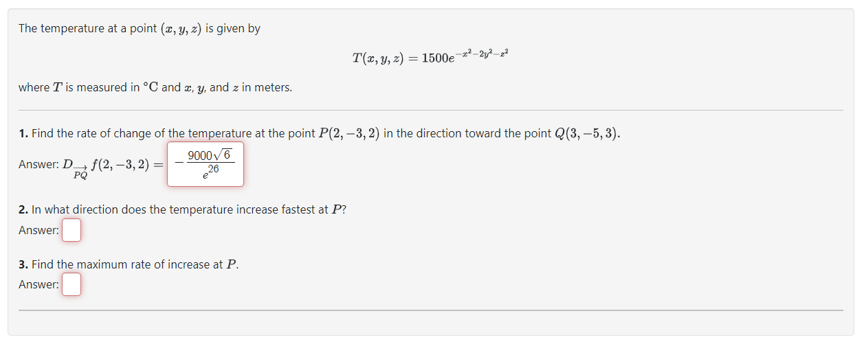 Solved The temperature at a point (x,y,z) is given by | Chegg.com