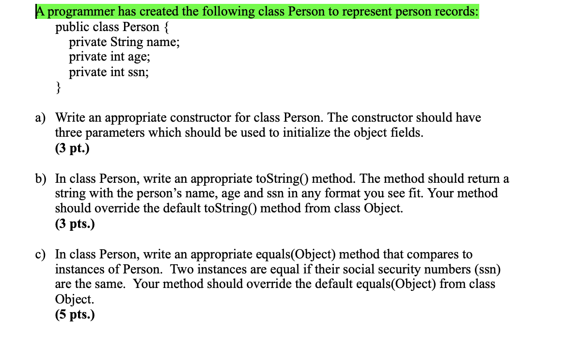 Solved A programmer has created the following class Person | Chegg.com