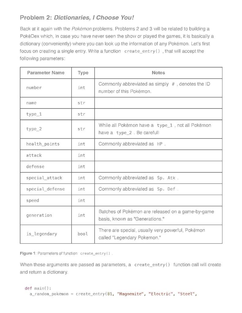 Solved Problem 2: Dictionaries, I Choose You! Back at it | Chegg.com