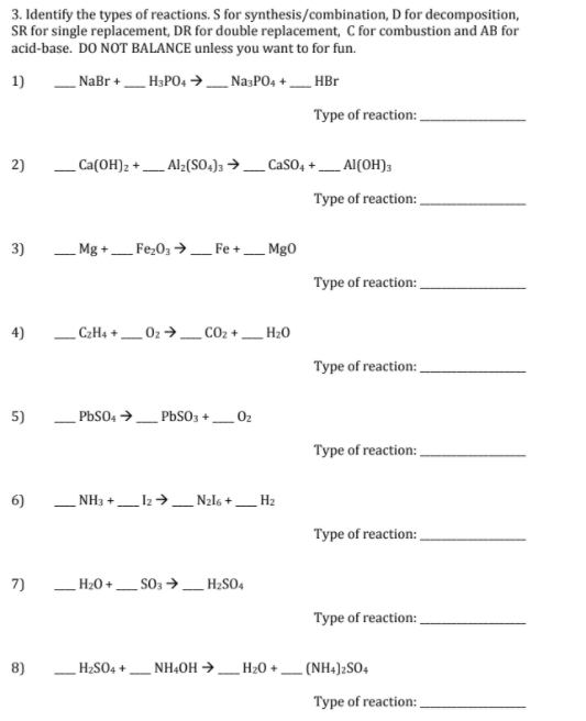 Solved 3. Identify the types of reactions. S for | Chegg.com