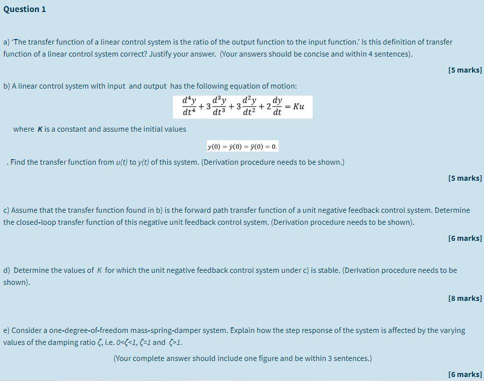 Solved Question 1 a) 'The transfer function of a linear | Chegg.com