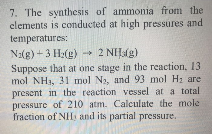 Solved 7. The synthesis of ammonia from the elements is | Chegg.com