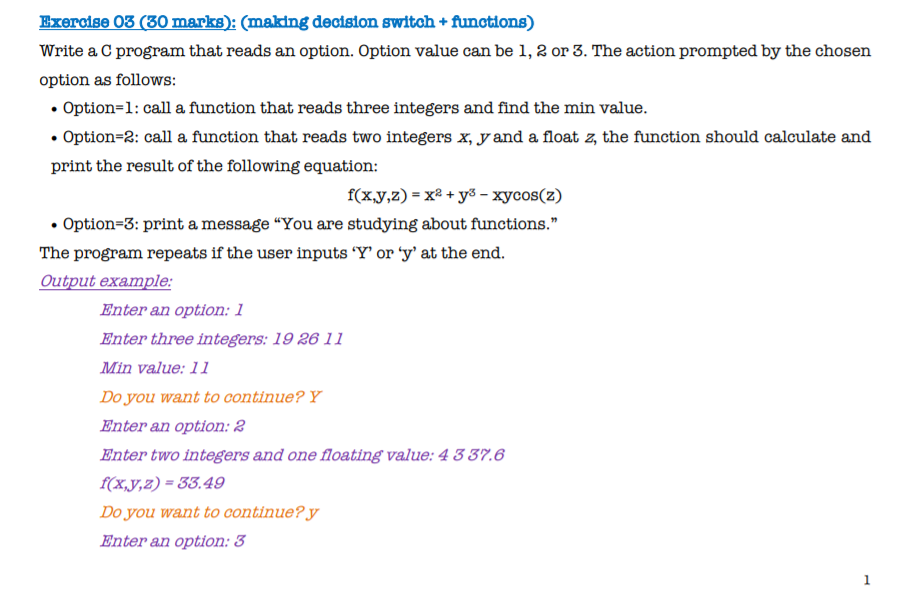 Solved Exercise 03 (30 marks): (making decision switch + | Chegg.com