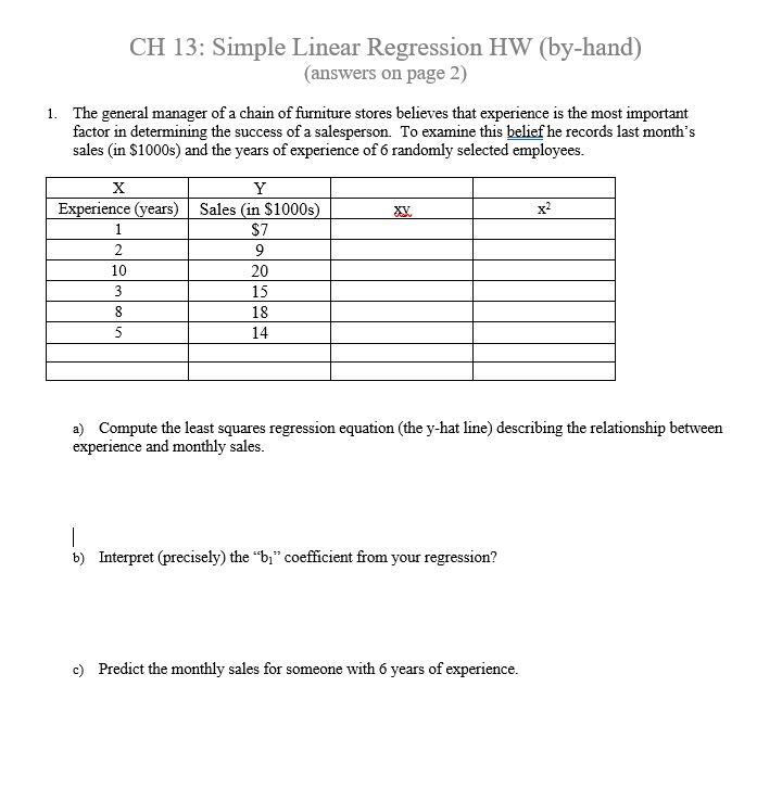 Solved CH 13: Simple Linear Regression HW (by-hand) (answers | Chegg.com