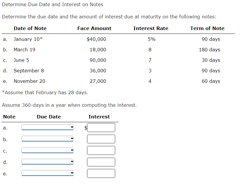 Solved Determine Due Date and Interest on Notes Determine | Chegg.com