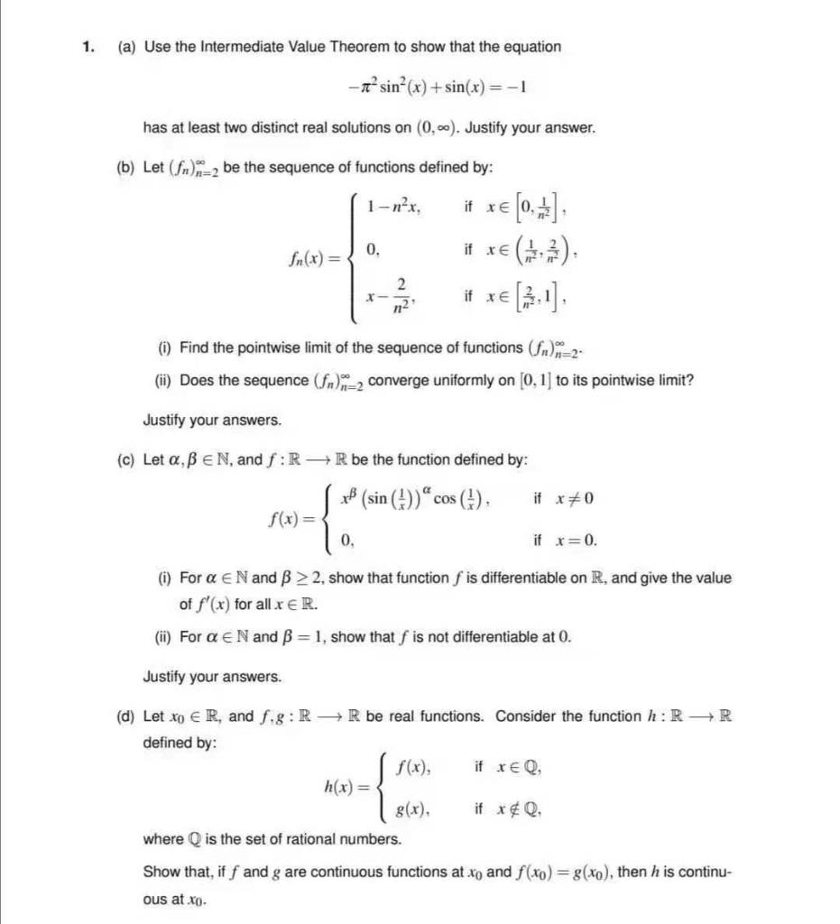 Solved 1 A Use The Intermediate Value Theorem To Show Chegg Com