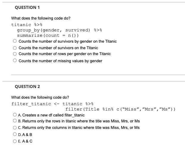 Solved QUESTION 1 What does the following code do? titanic | Chegg.com