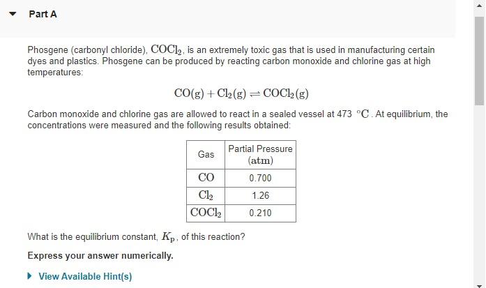 Solved Phosgene (carbonyl chloride), COCl2, is an extremely | Chegg.com