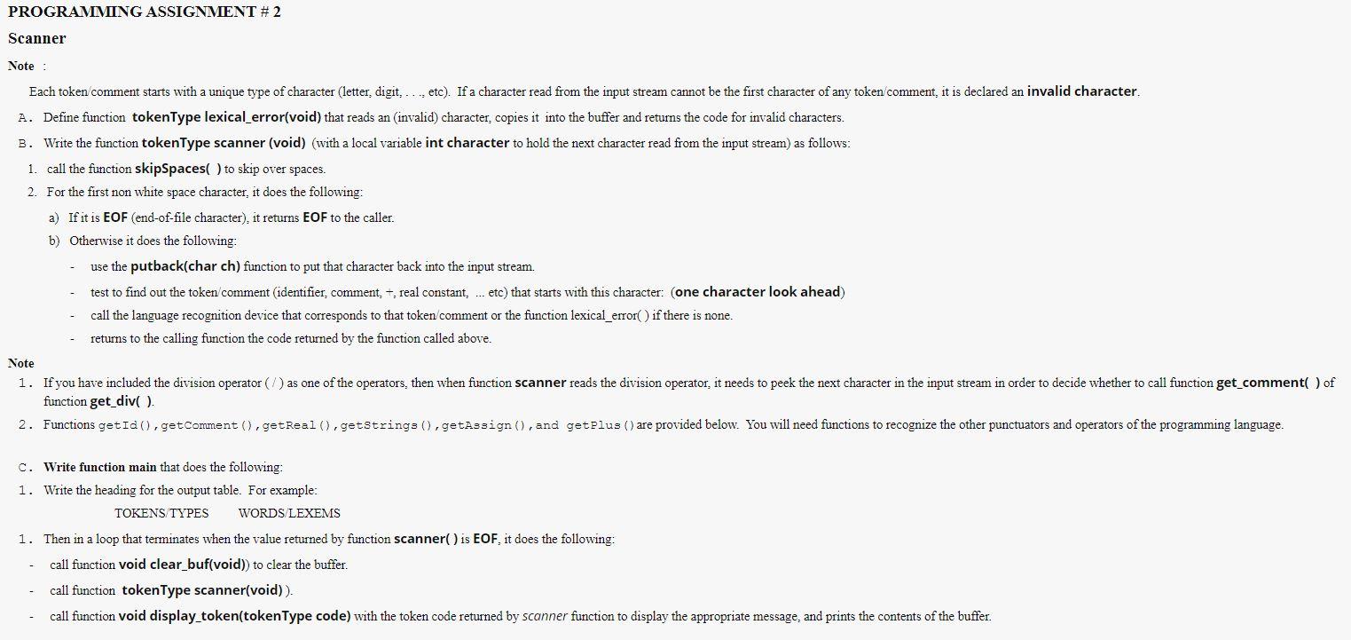 Programming Assignment #2 Scanner Note : Each Token | Chegg.Com