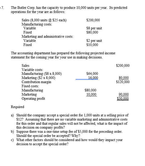 Solved The Butler Corp. has the capacity to produce 10,000 | Chegg.com