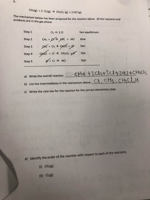 Solved 6 CHalg) +2 Cla(g) CH;Cl2 (g) +2 HC (g) The mechanism | Chegg.com